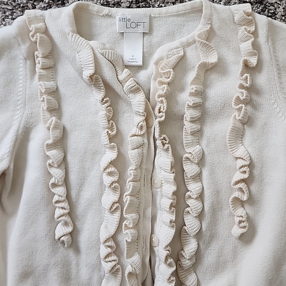 Little Loft Girls Cream Ruffle Knit Cardigan 3T - Picture 3 of 5